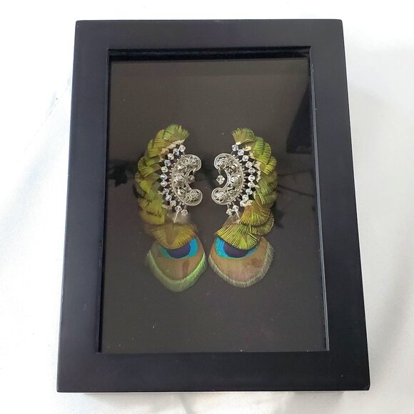 Vintage ASHLOCK Peacock Feather Earrings Art Framed Wall Decor Shadow Box - Picture 1 of 10